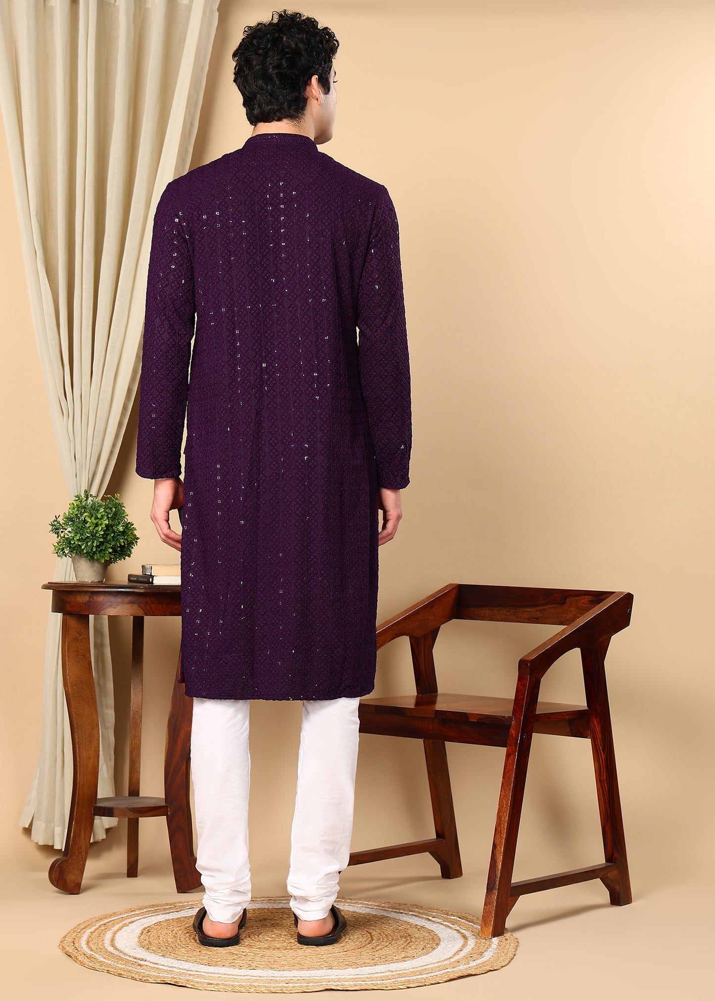 Tattva Floral Embroidered Sequined Mandarin Collar Straight Kurta