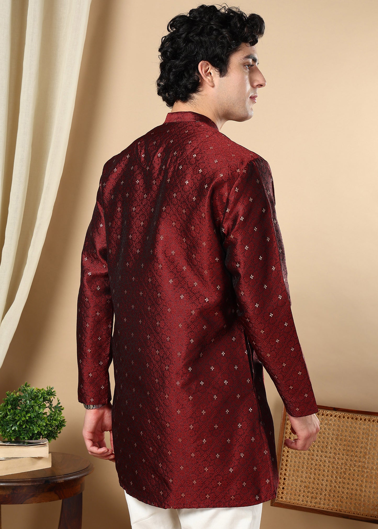 Tattva Maroon Toned Woven Design Short Kurta