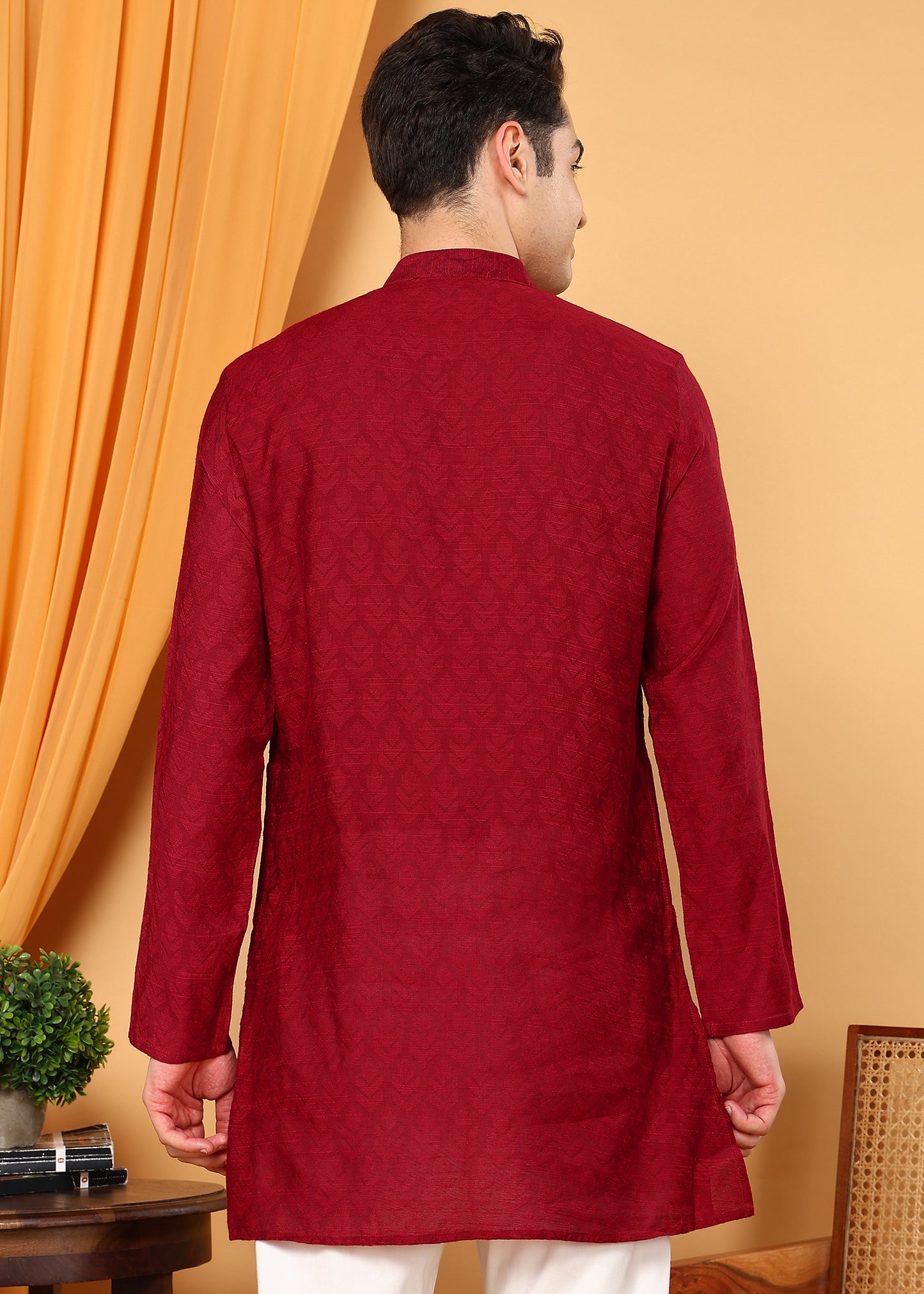 Tattva Men Maroon Colored Floral Embroidered Short Kurta