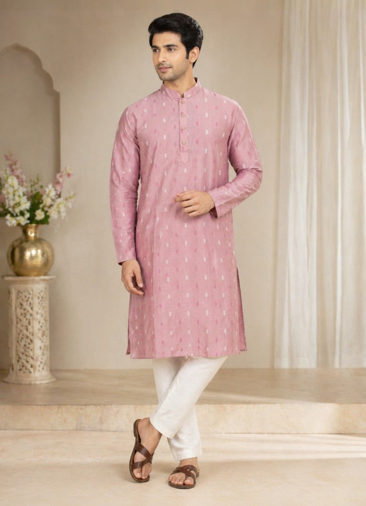Tattva Men Dusty Pink Embroidered Cotton Silk Kurta with Pyjamas