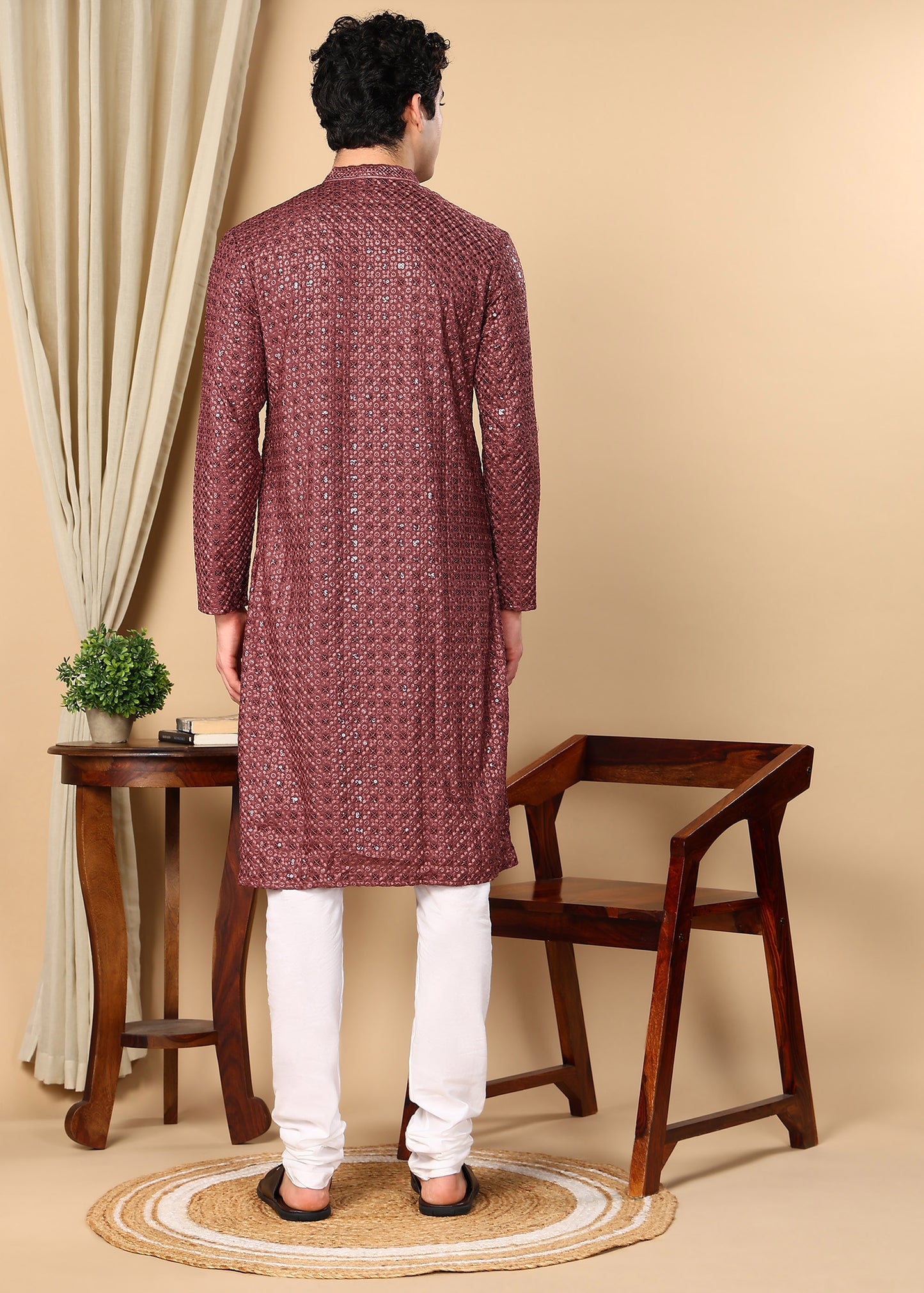 Tattva Floral Embroidered Sequined Mandarin Collar Straight Kurta