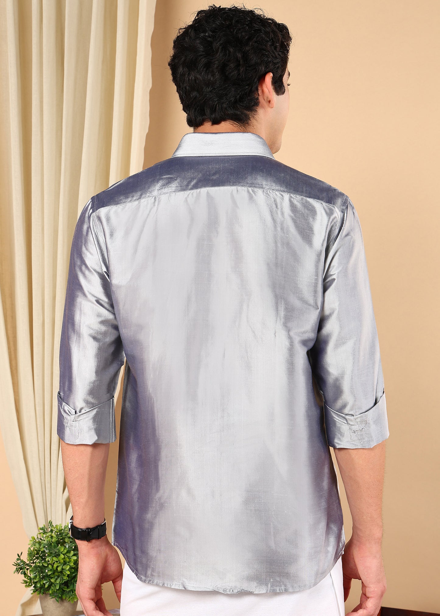 Tattva Men Silver Grey Pure Silk Solid Opaque Shirt