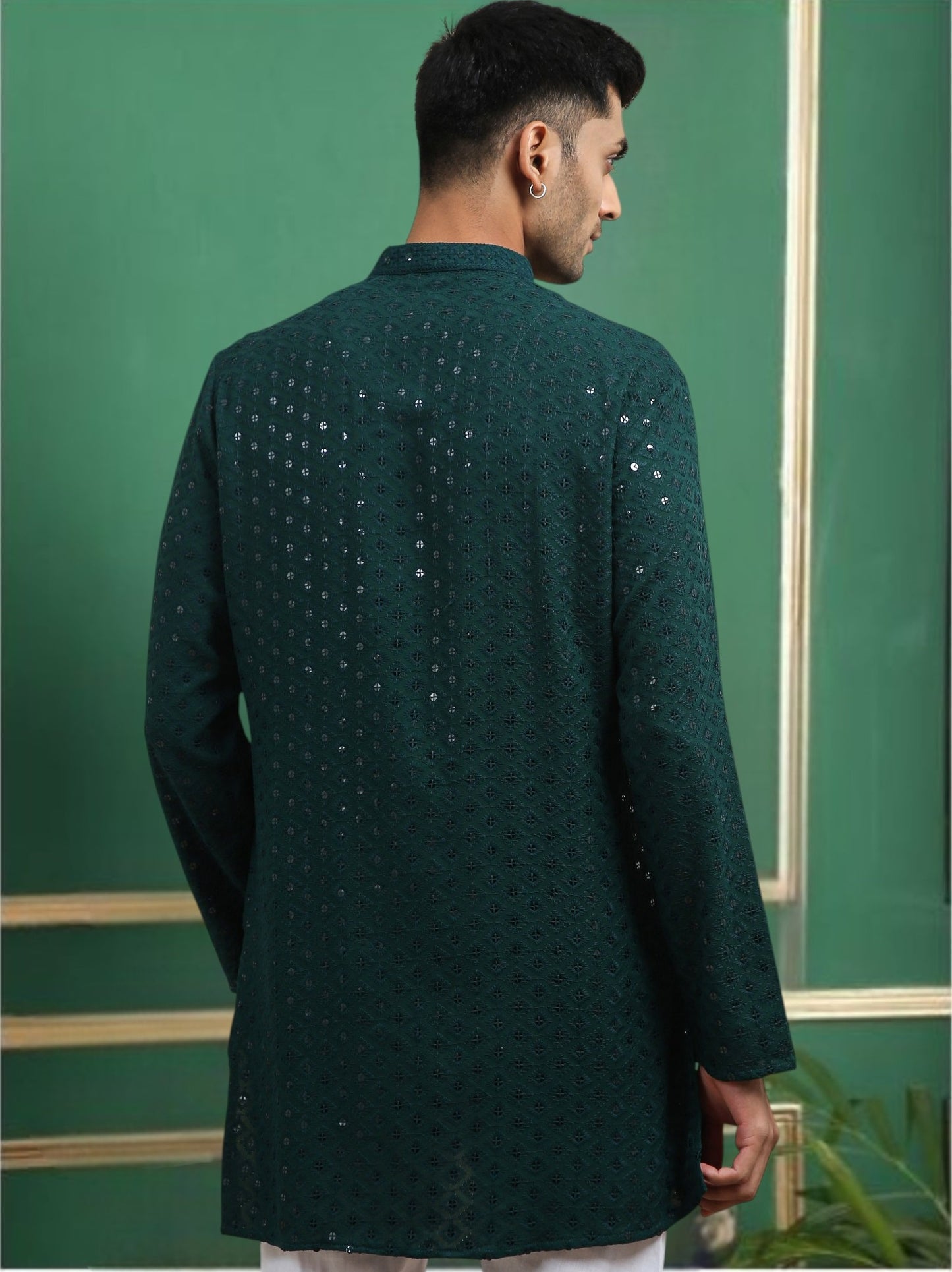 Tattva Dark Green Toned chikankari Cotton Short Kurta