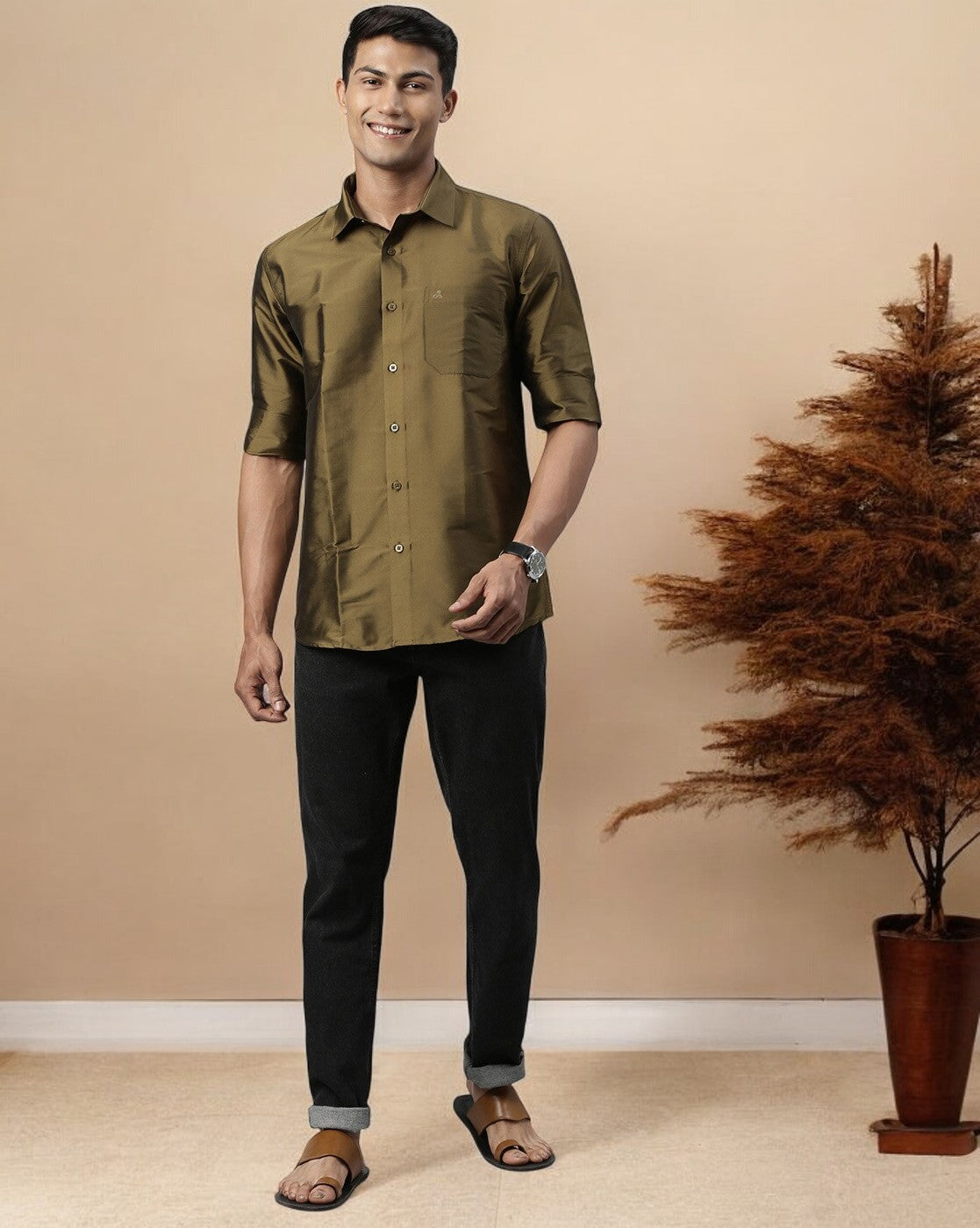 Olive Polyester Slim Fit Solid Shirt