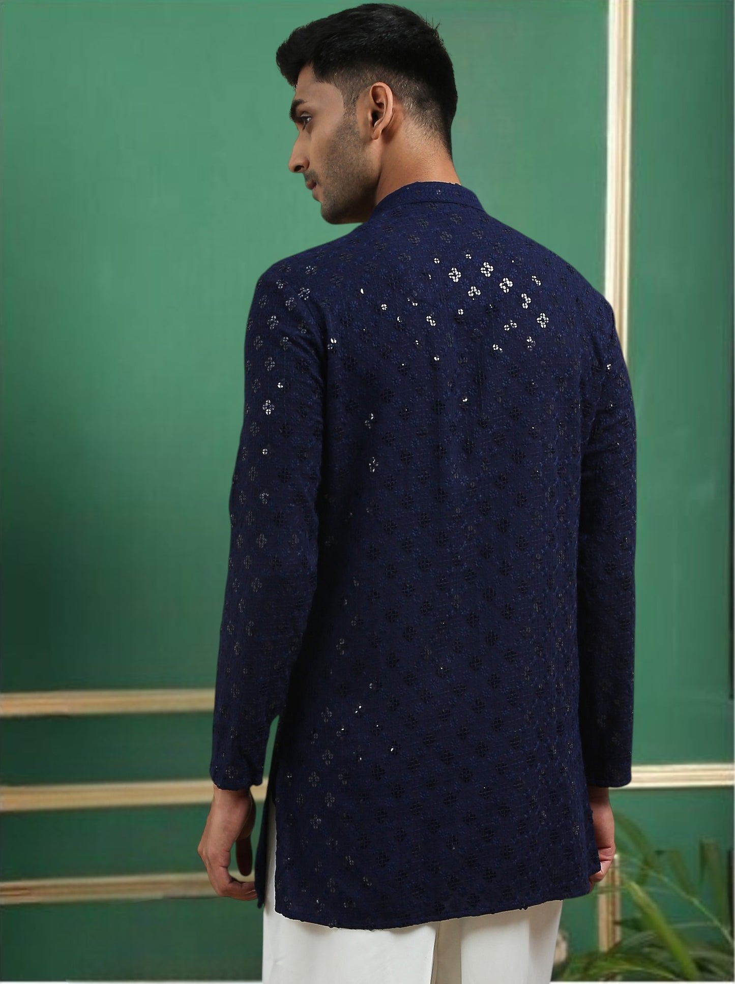 Tattva Navy Blue Toned chikankari Cotton Short Kurta