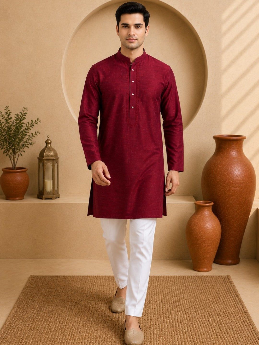 Tattva Men Embroidered Solid Short Kurta