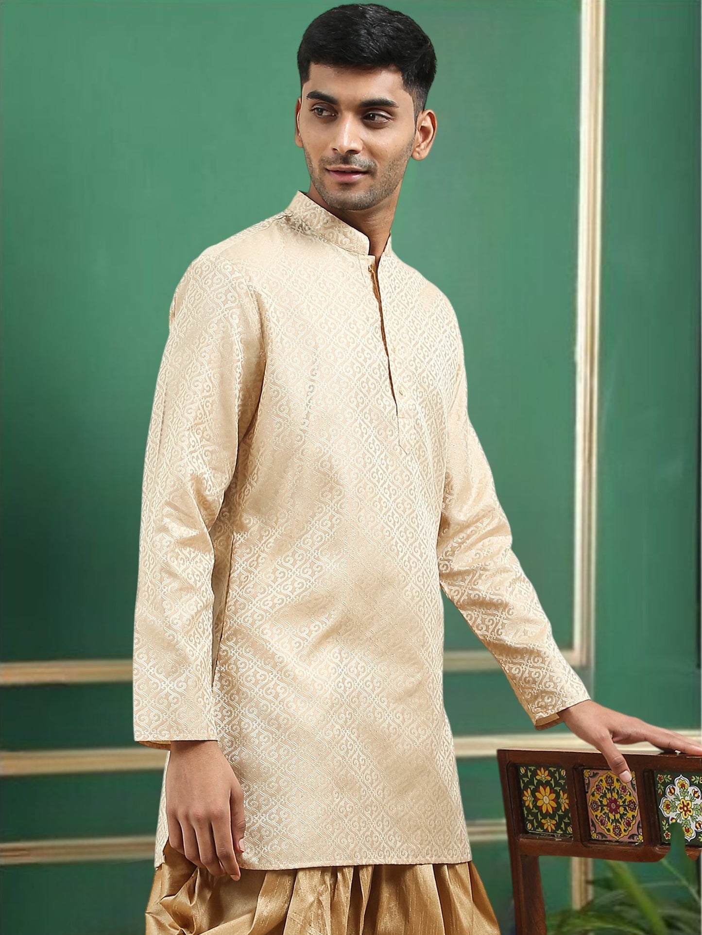 Tattva Gold Toned jaquard Polyster Short Kurta