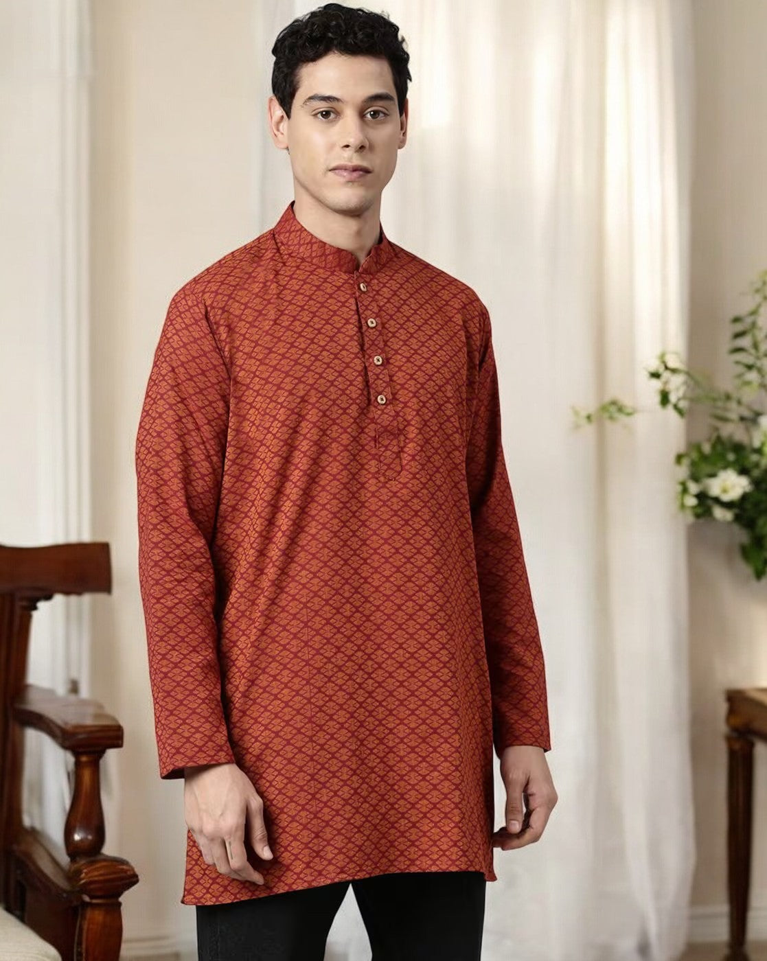 Tattva Men Maroon Geometric Print Cotton Blend Straight Kurta