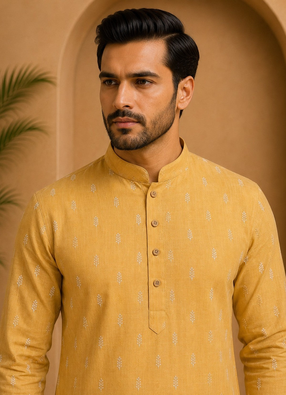 Tattva Men Mustard Yellow Self Design Mandarin Collar Straight Kurta with Pyjamas