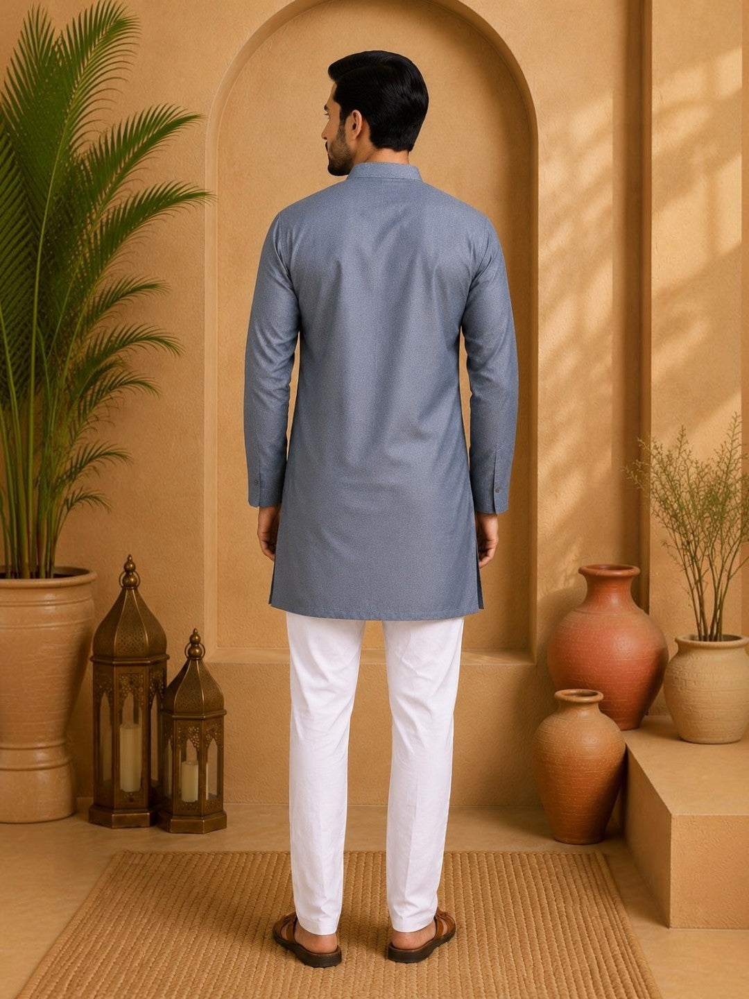 Tattva Men Silver-Toned Applique Mandarin Collar Kurta