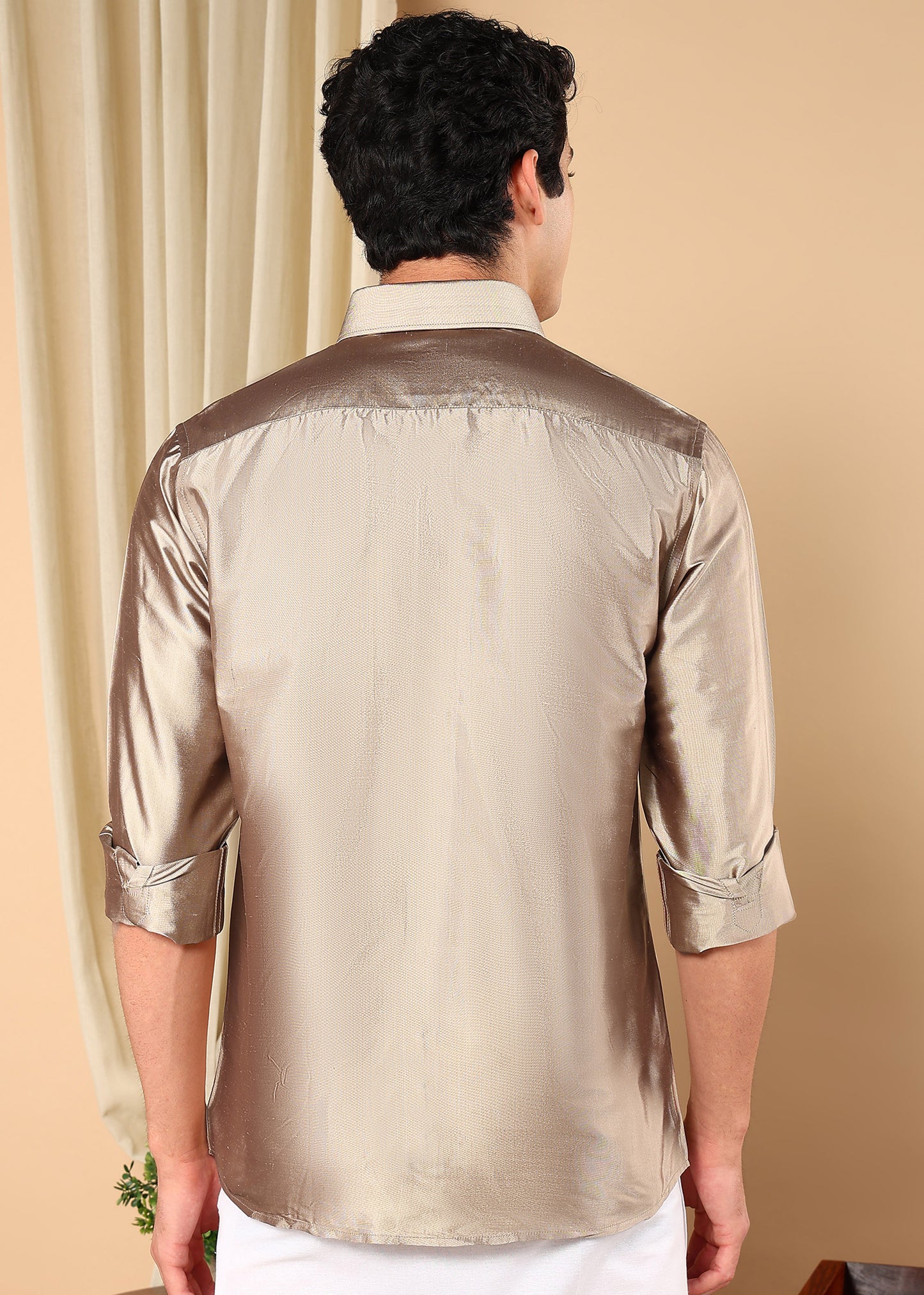 Tattva Men Warm Grey Pure Silk Solid Opaque Shirt