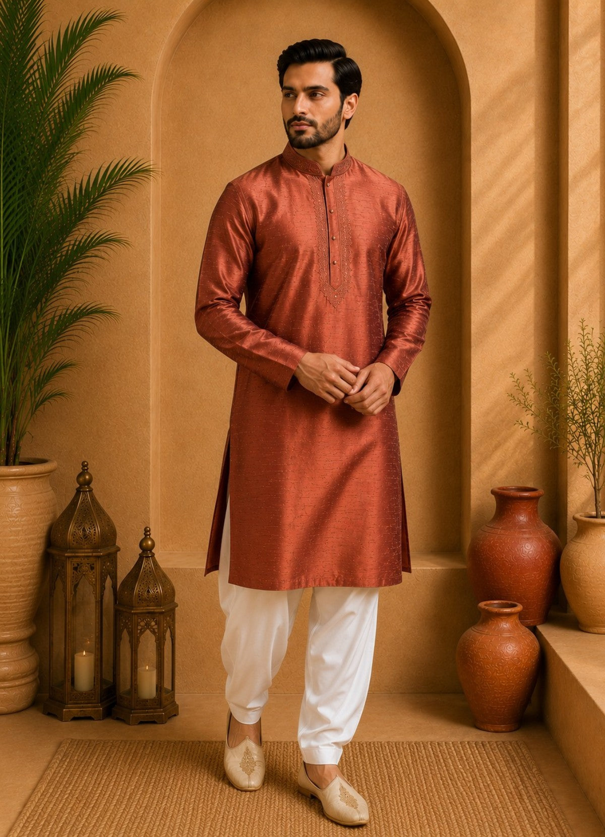 Tattva Men Thread Work Mandarin Collar Silk Straight Kurta