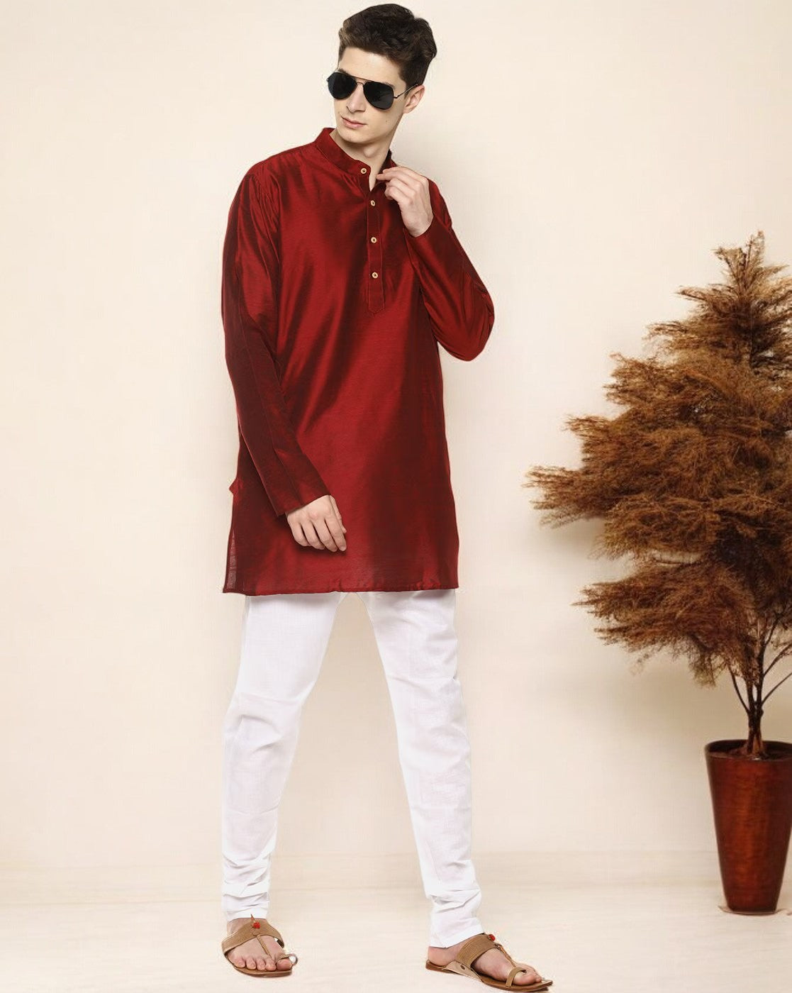 Maroon Cotton Solid Straight Short Kurta