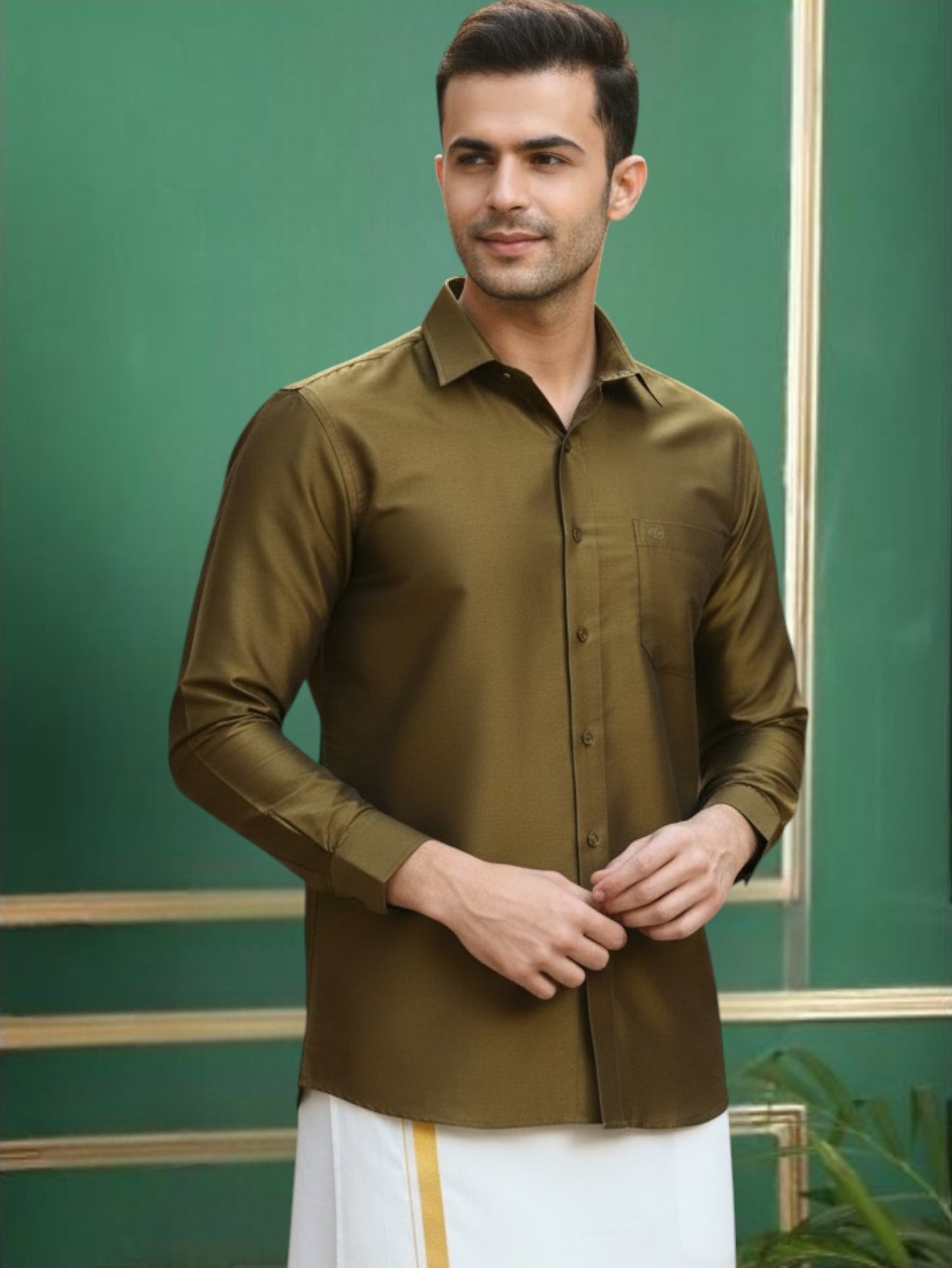 Olive Polyester Slim Fit Solid Shirt