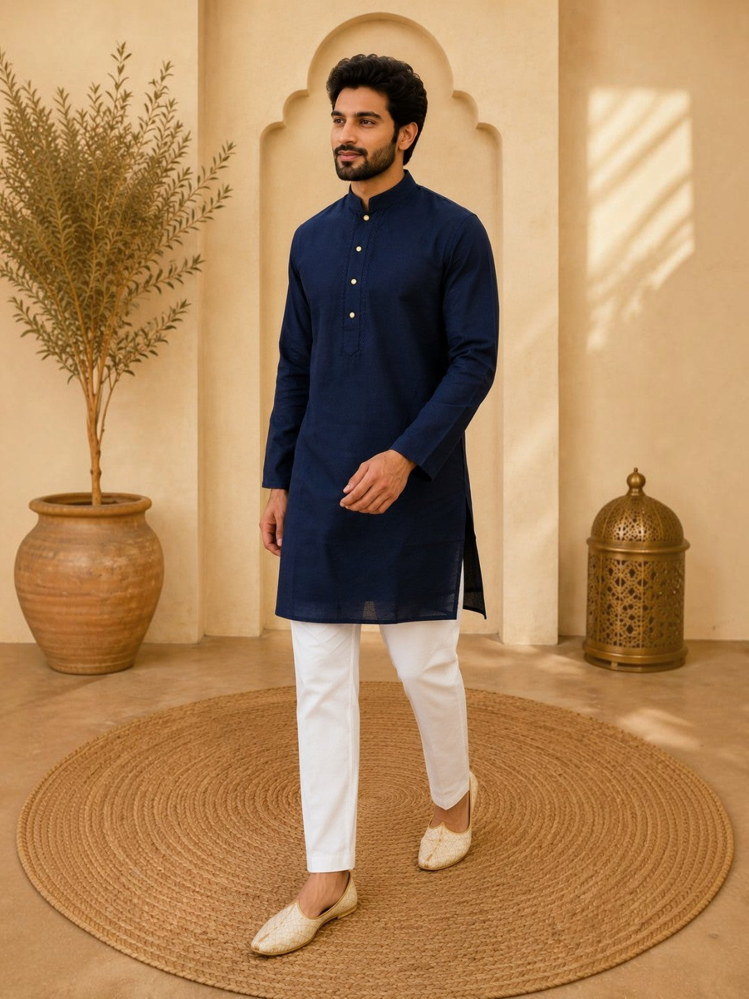 Tattva Navy Blue Toned Embroidered Cotton Short Kurta
