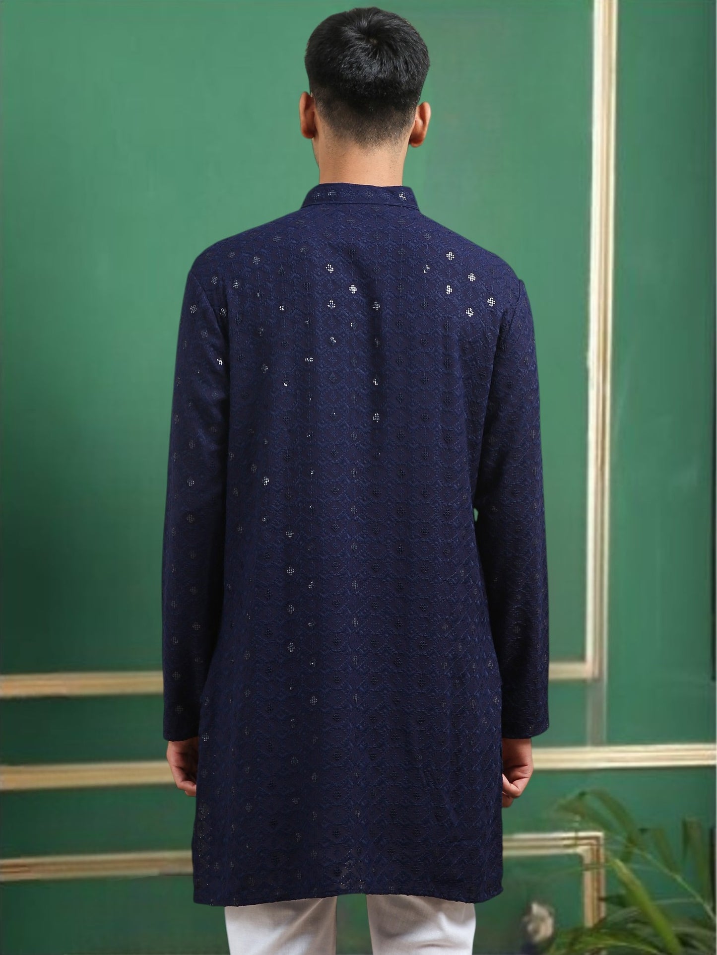 Tattva Navy Blue Toned chikankari Cotton Short Kurta