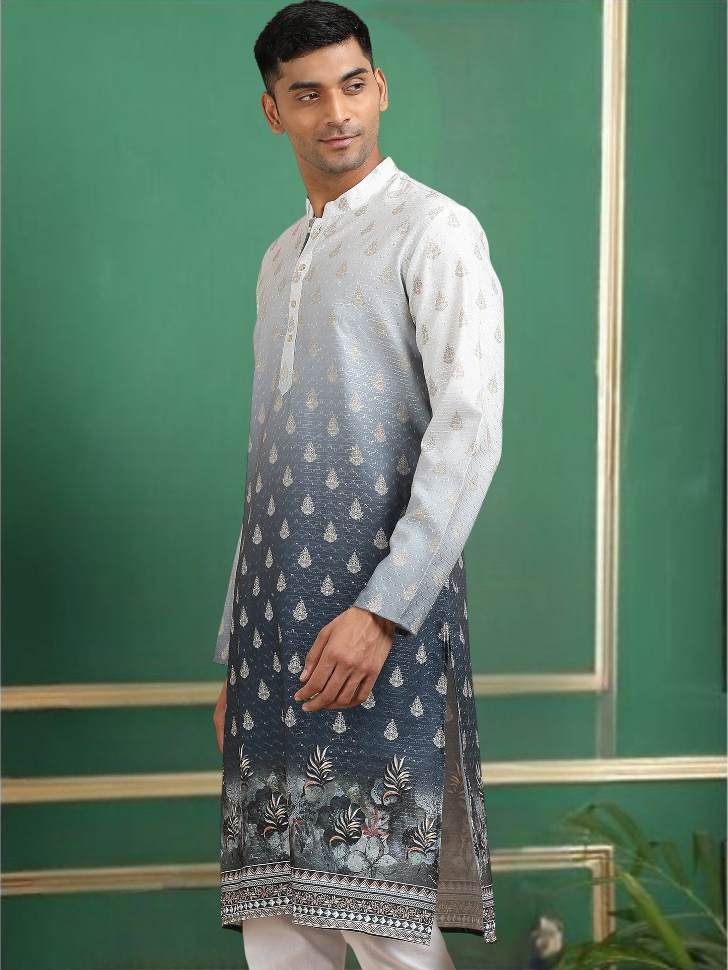 Tattva Men Ethnic Motifs and Daman Printed Sequence Threadwork Kurta Pyjama Set