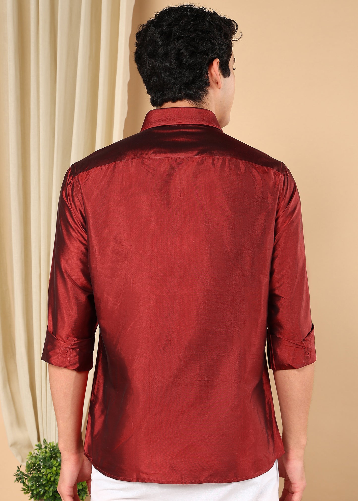 Tattva Men Maroon Pure Silk Solid Opaque Shirt