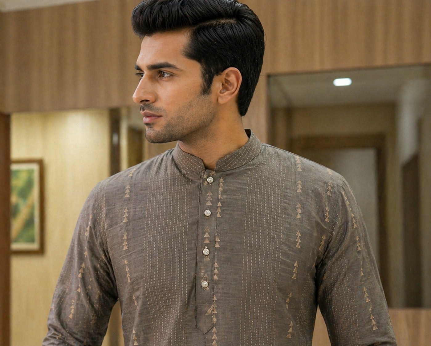 Tattva Men Coffee Brown Embroidered Cotton Silk Kurta with Pyjamas