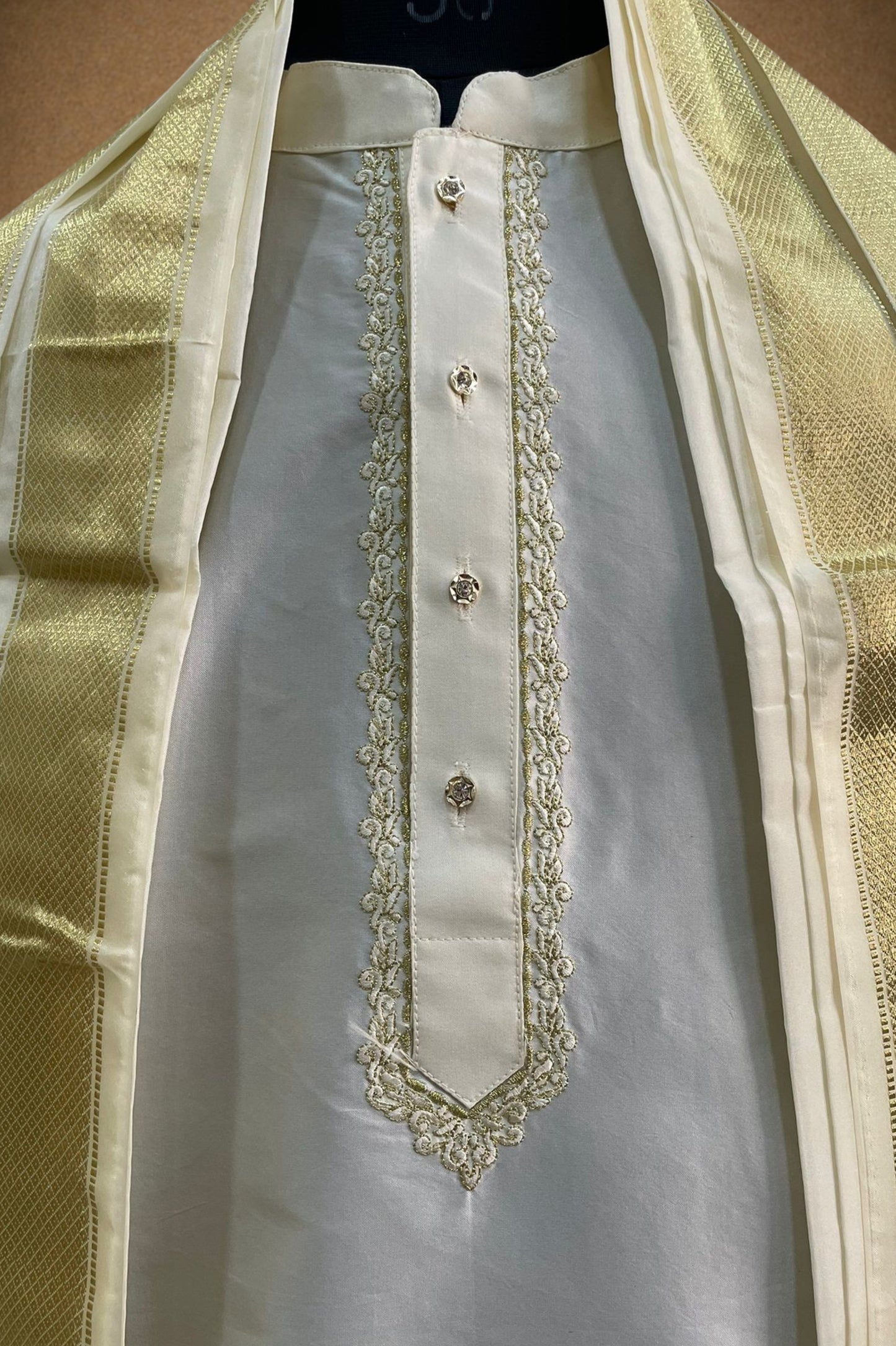 Tattva Men Cream Toned Art Silk Kurta Dhoti Set