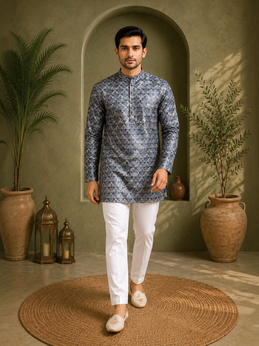 Tattva Men Mandarin Collar Abstract Printed Straight Kurta