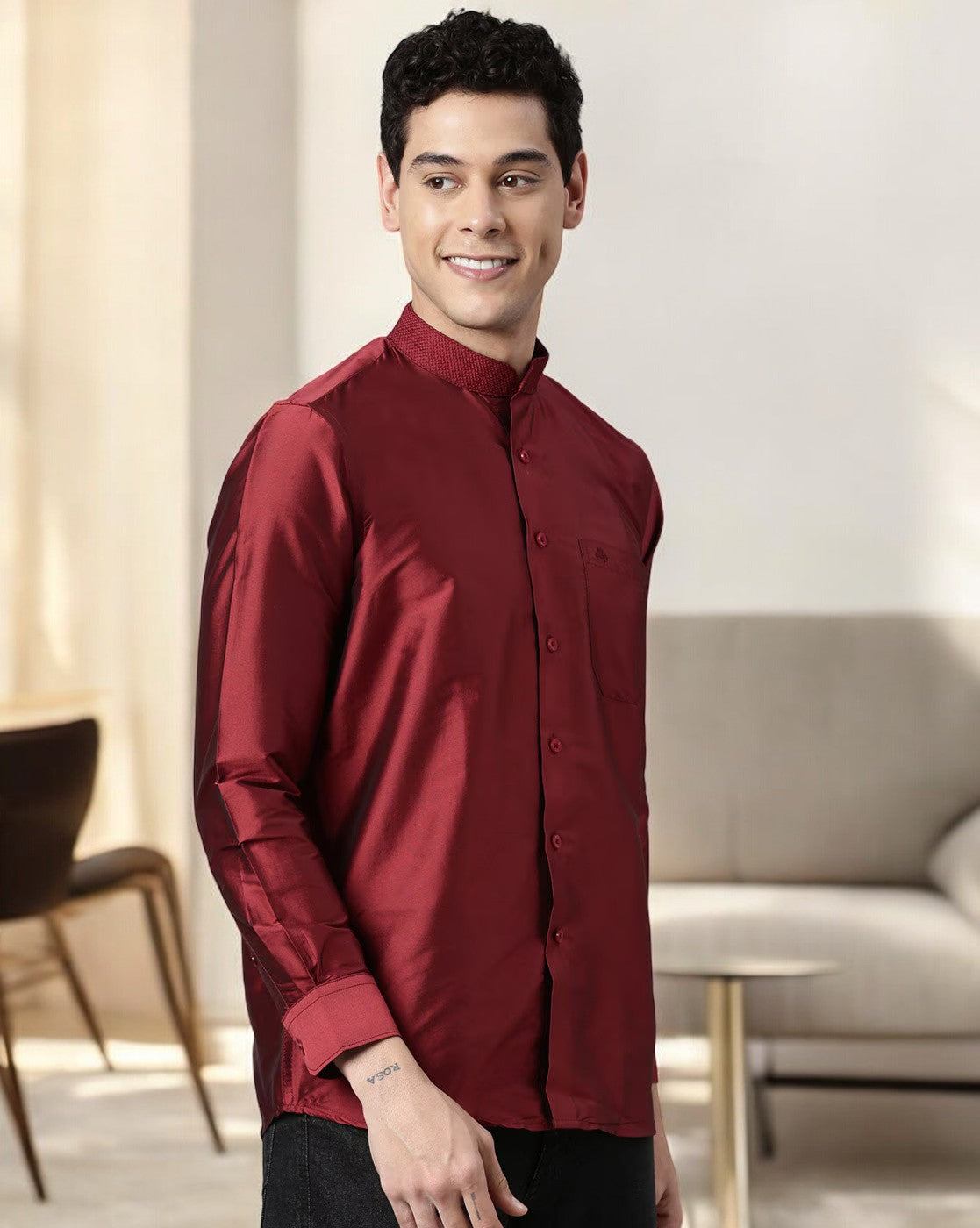 Maroon Color Art Silk Slim Fit Solid Party Shirt