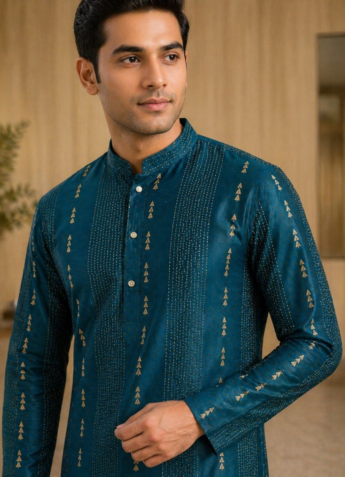 Tattva Men Peacock Blue Embroidered Cotton Silk Kurta with Pyjamas