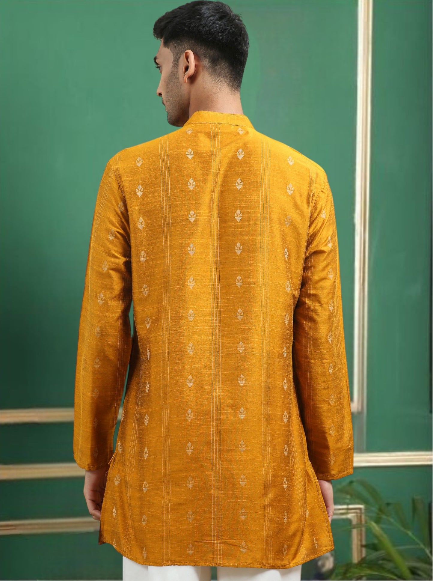 Tattva Yellow Toned Woven Design Cotton Short Kurta
