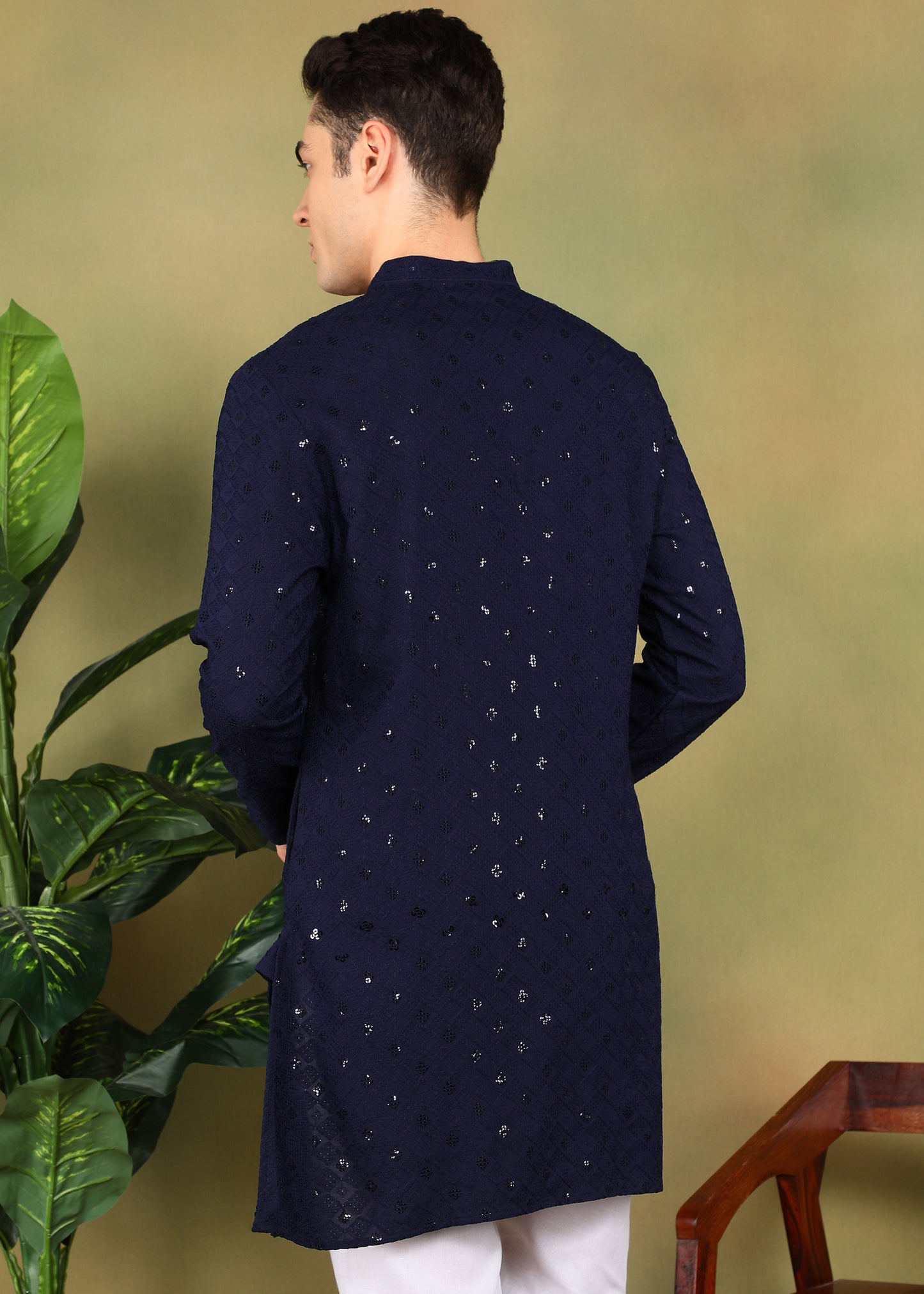 Tattva Men Navy Blue Short Kurta
