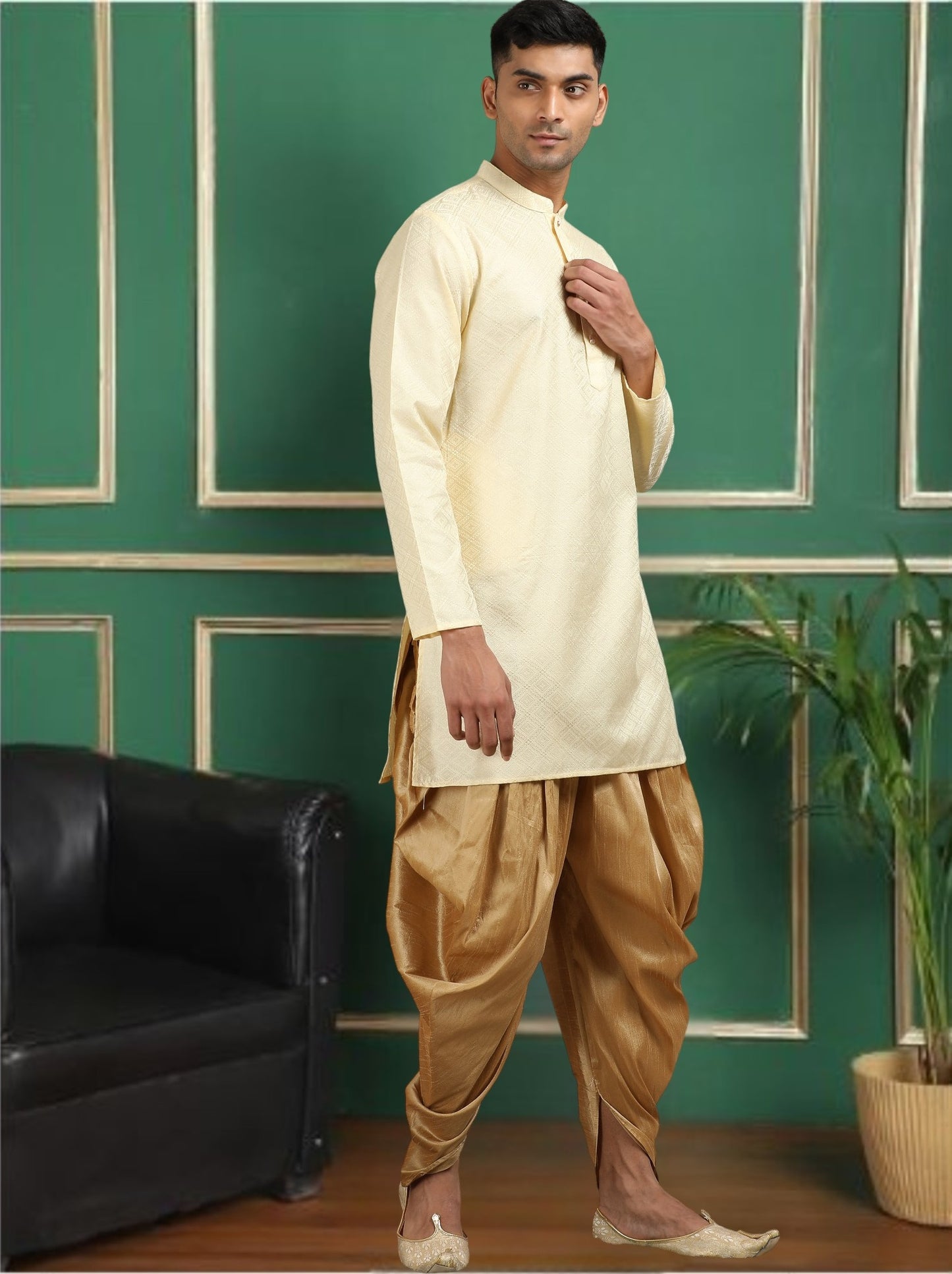 Tattva Beige Toned Jacquard Short Kurta