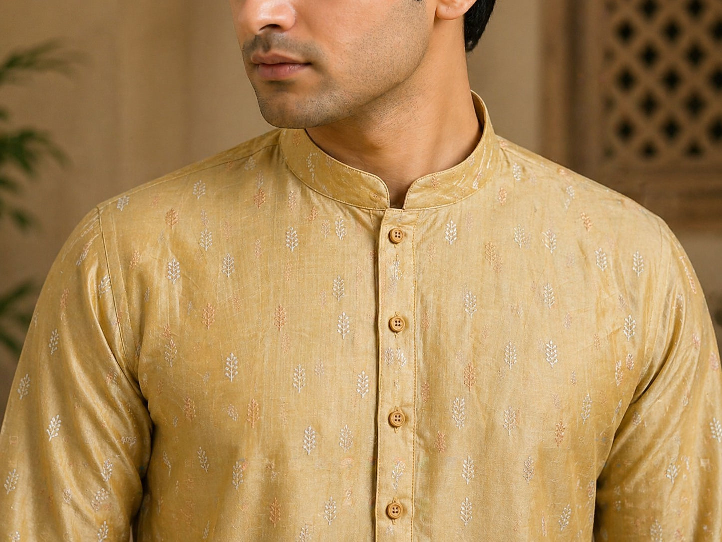 Tattva Men Mustard Gold Embroidered Cotton Silk Kurta with Pyjamas