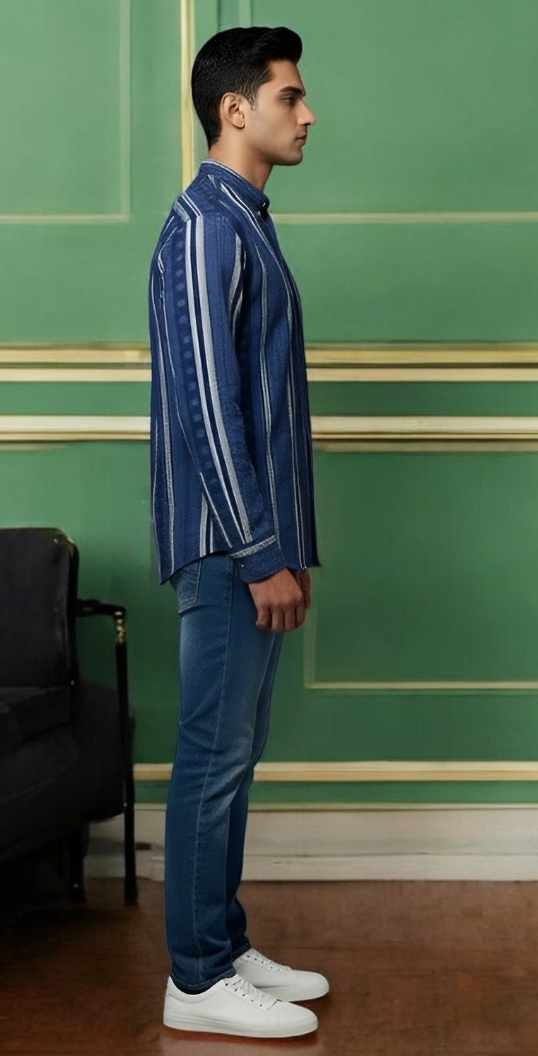 Tattva Men Blue Stripes Printed Super Short Kurta