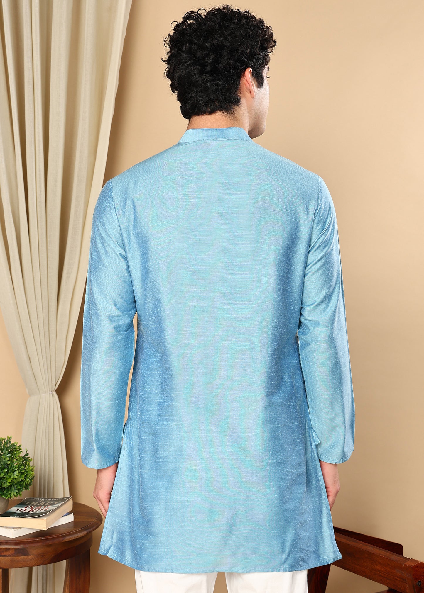 Tattva Sky Blue Solid Short Straight Kurta