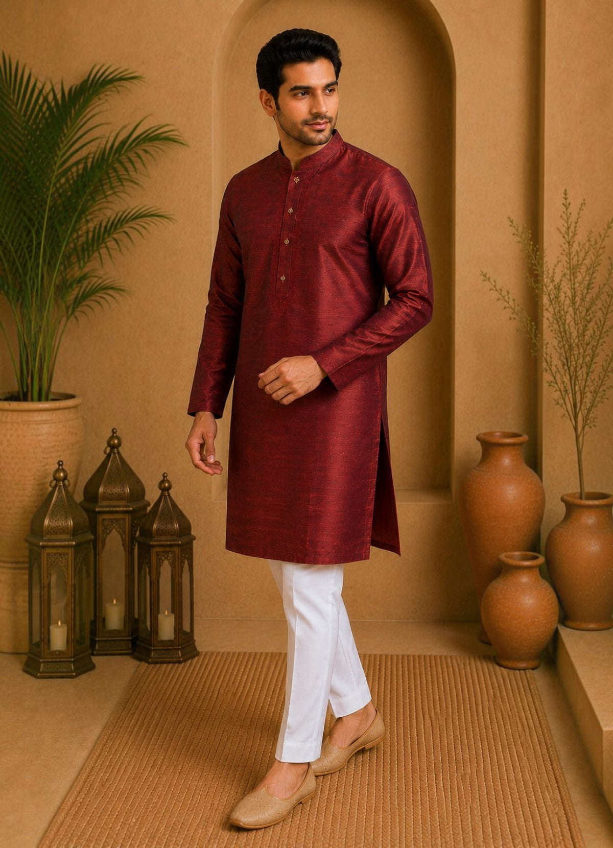 Tattva Rust Mandarin Collar Thread Work Pure Silk Straight Short Kurta