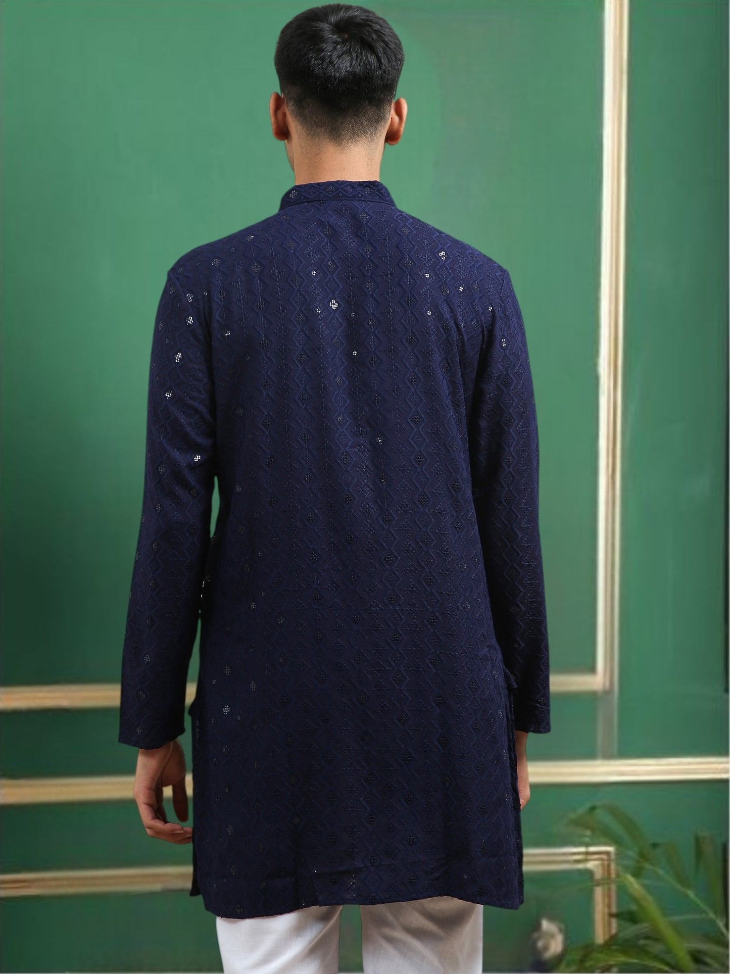 Tattva Navy Blue Toned chikankari Cotton Short Kurta
