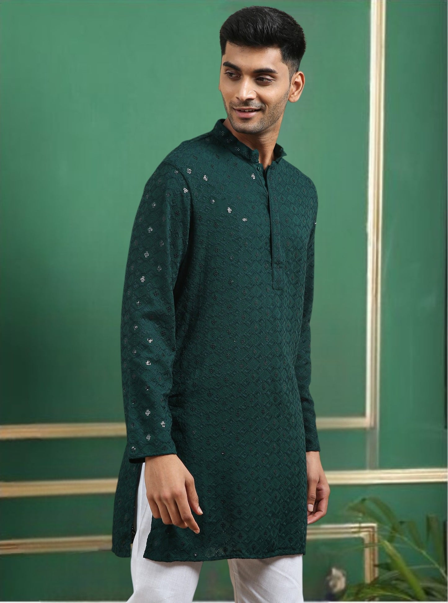 Tattva Dark Green Toned chikankari Cotton Short Kurta