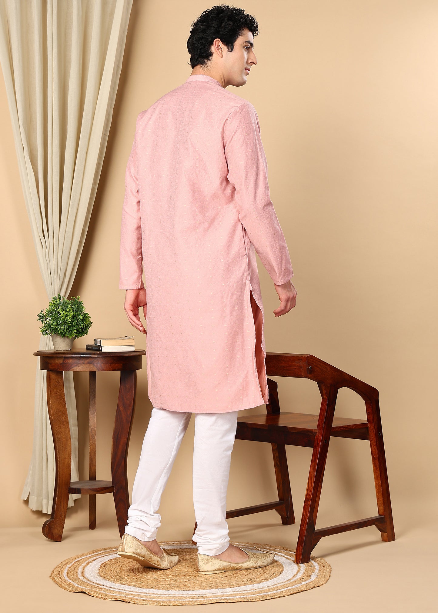 Tattva Woven Design Band Collar Embellished Straight Kurta