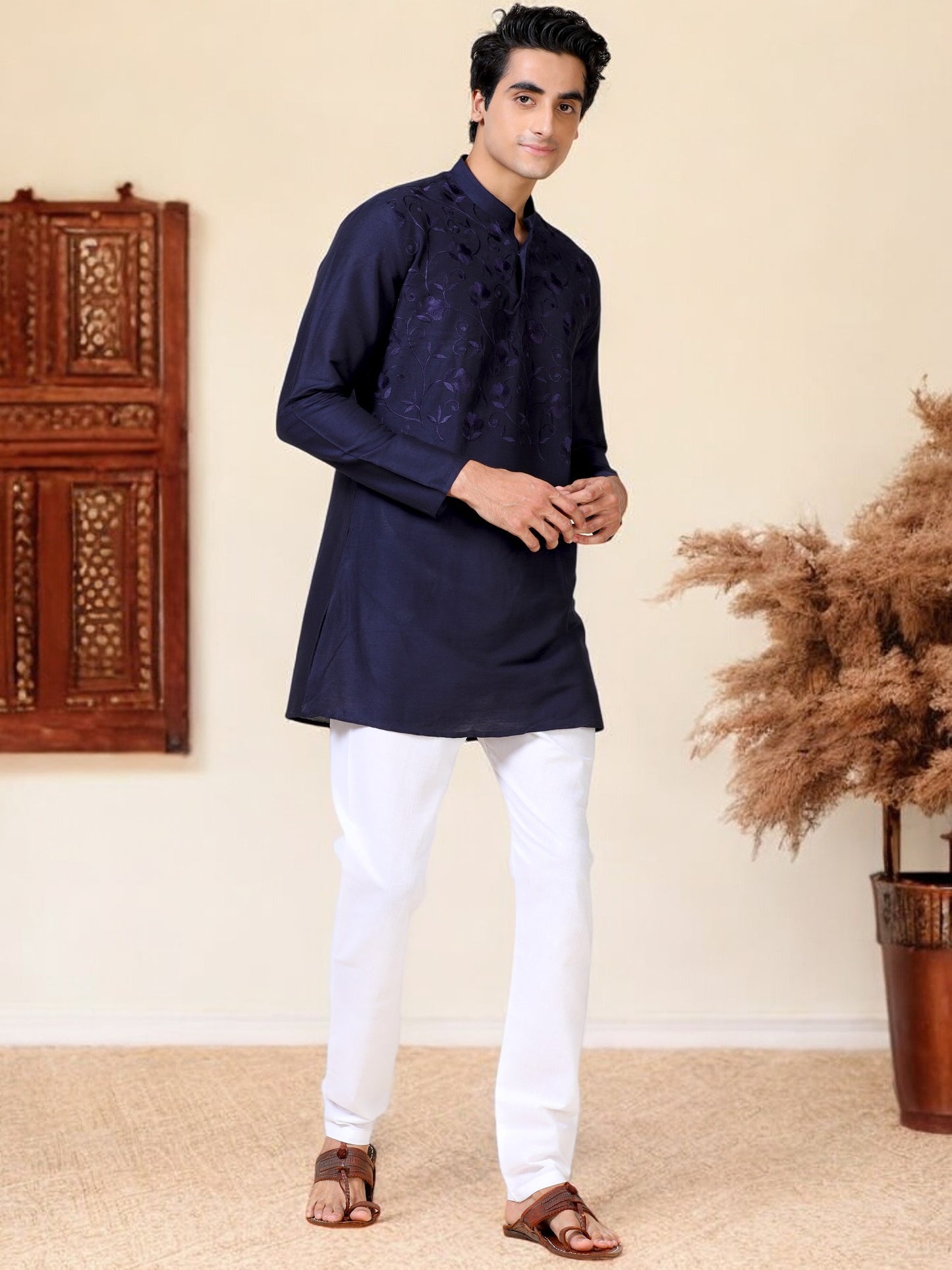 Tattva Men Embroidered Cotton Blend Asymmetric Kurta