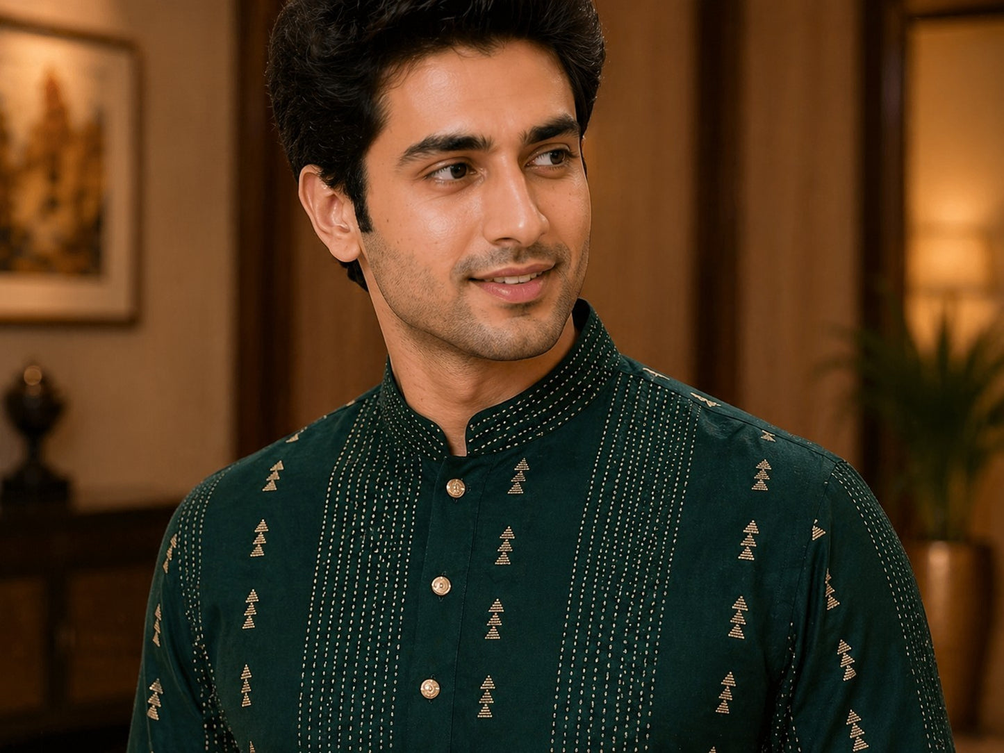 Tattva Men Dark Green Embroidered Cotton Silk Kurta with Pyjamas
