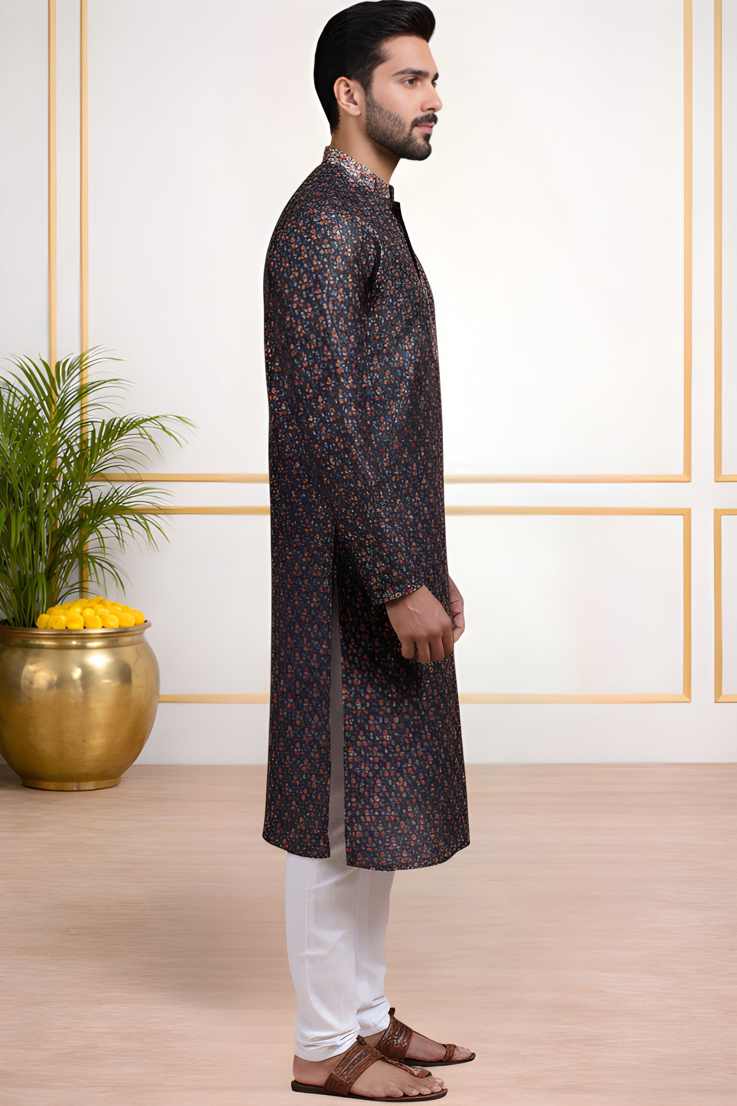 Tattva Men Black Printed Kurta Set with Embroidered Placket & Mandarin Collar