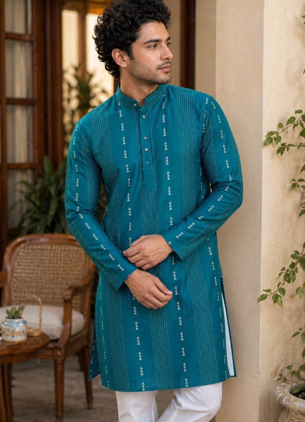 Tattva Men Teal Green Embroidered Cotton Silk Kurta with Pyjamas
