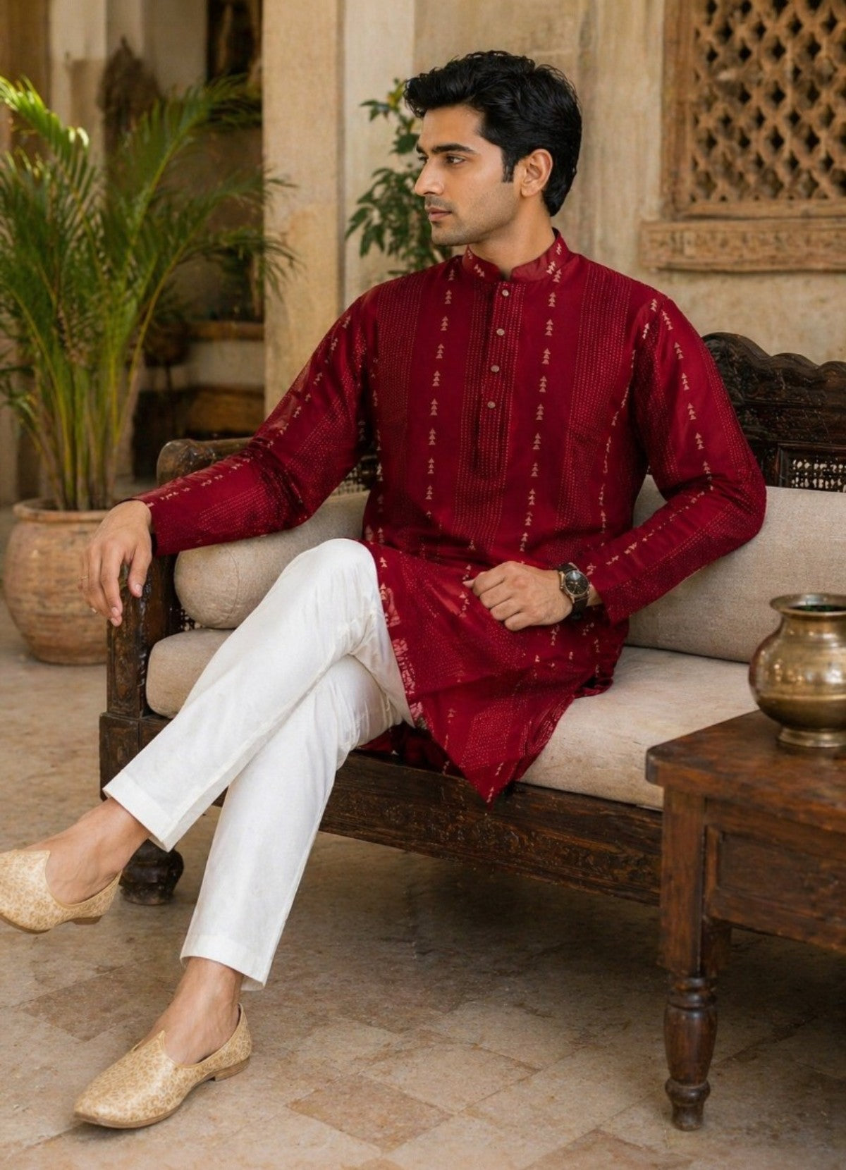Tattva Men Maroon Embroidered Cotton Silk Kurta with Pyjamas