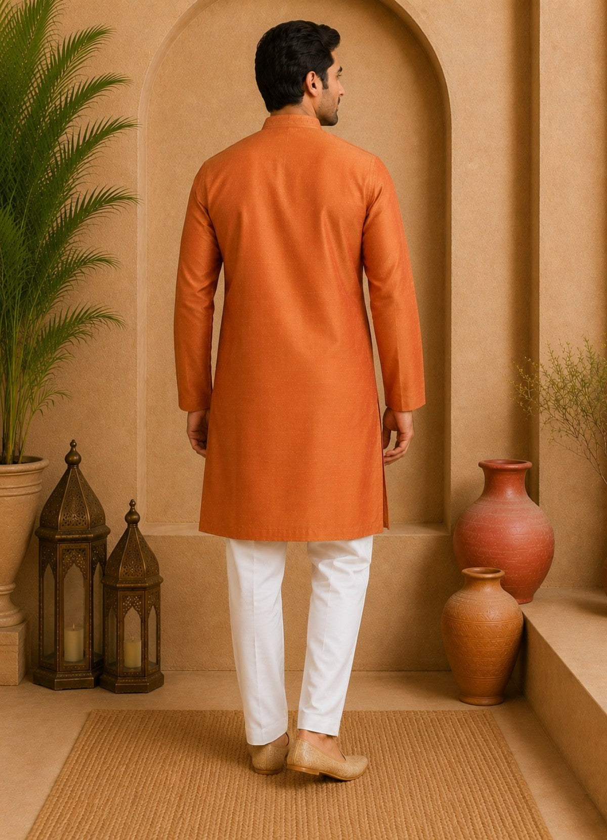 Tattva orange Mandarin Collar Thread Work Pure Silk Straight Short Kurta