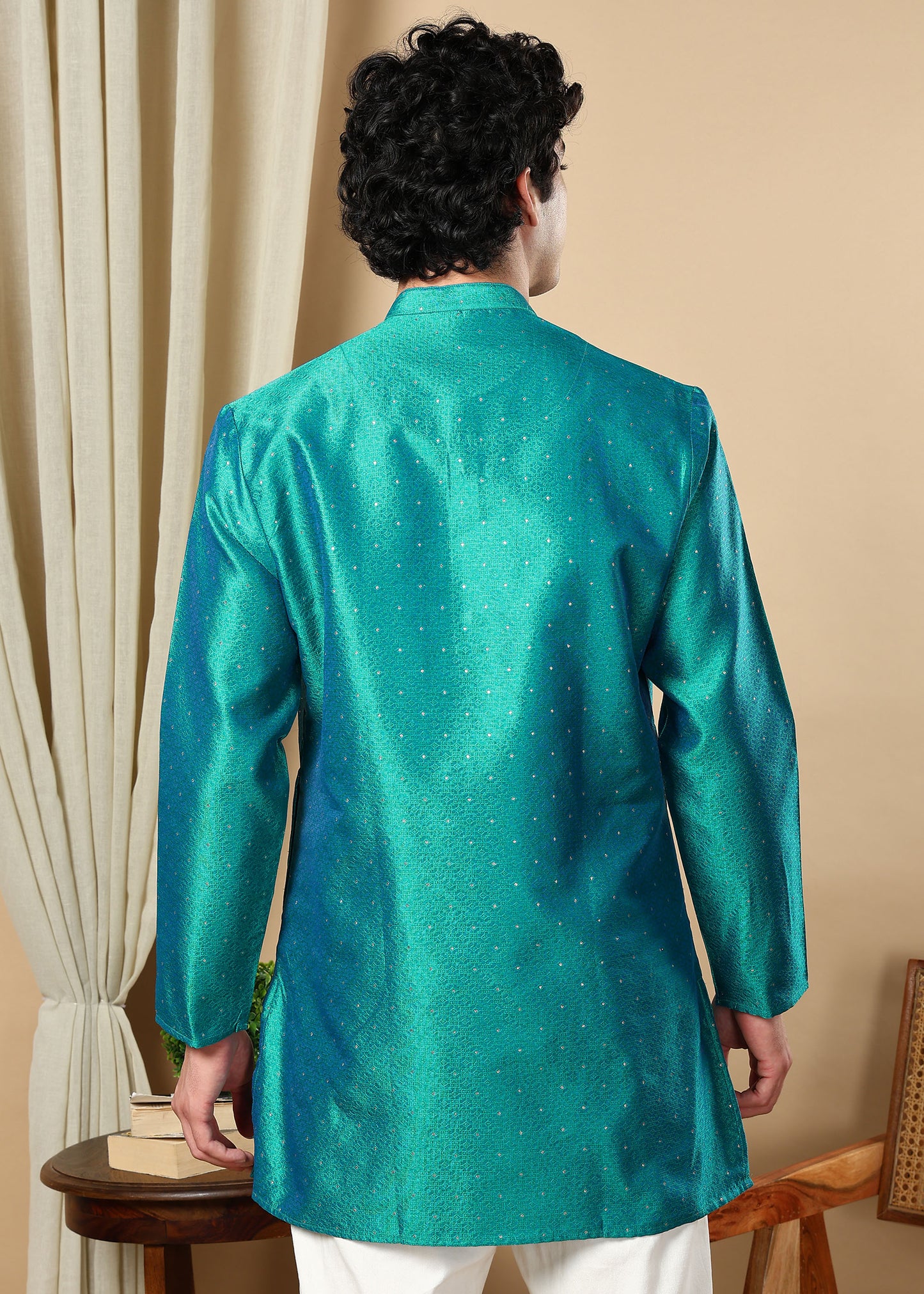 Tattva Peacock Blue Toned Embellished Short Kurta