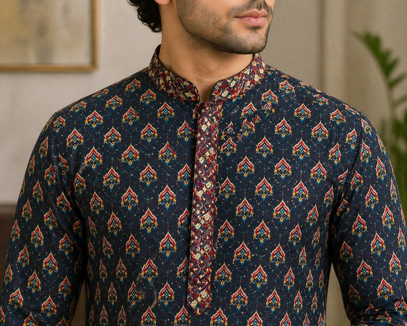 Tattva Men Navy Blue Geometric Design Sequined Jacquard Kurta with Pyjamas