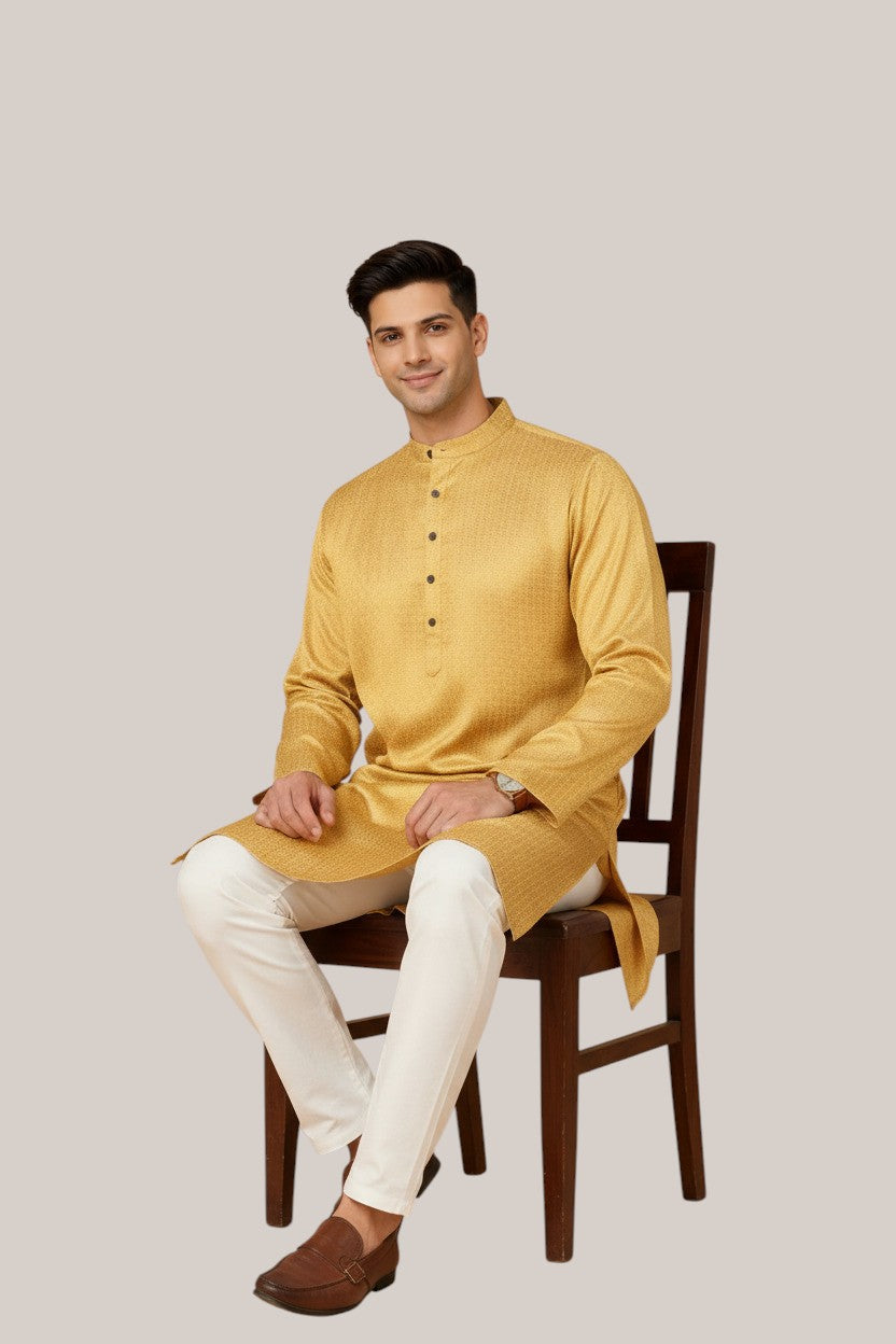 Tattva Men Woven Design Band Collar Straight Kurta