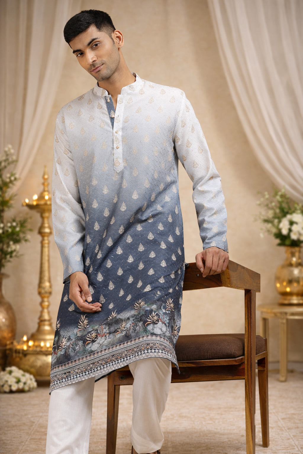 Tattva Men Ethnic Motifs and Daman Printed Sequence Threadwork Kurta Pyjama Set