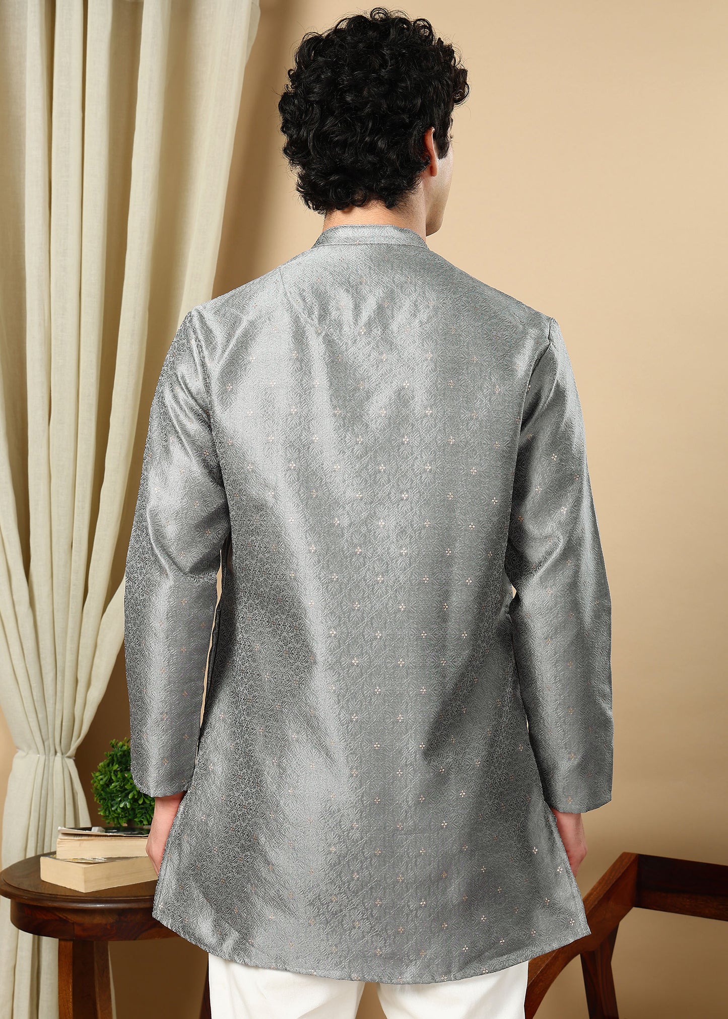 Tattva Grey Toned Woven Design Short Kurta