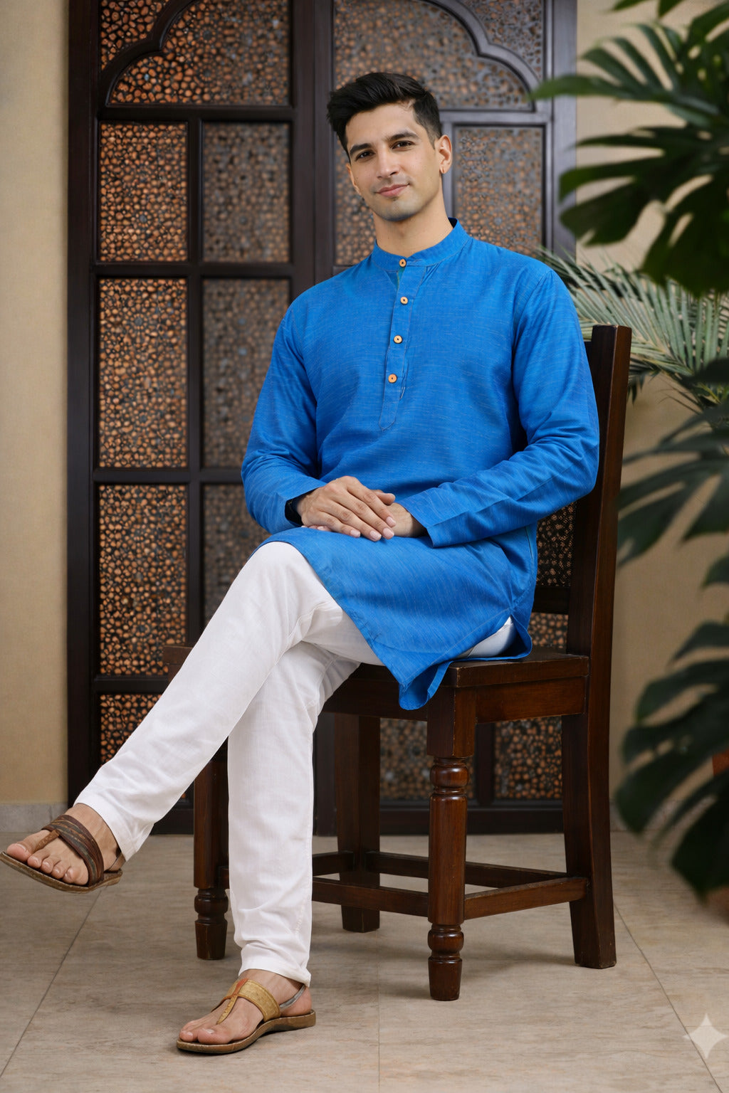 Tattva Men Solid Pure Cotton Short Kurta with Mandarin Collar