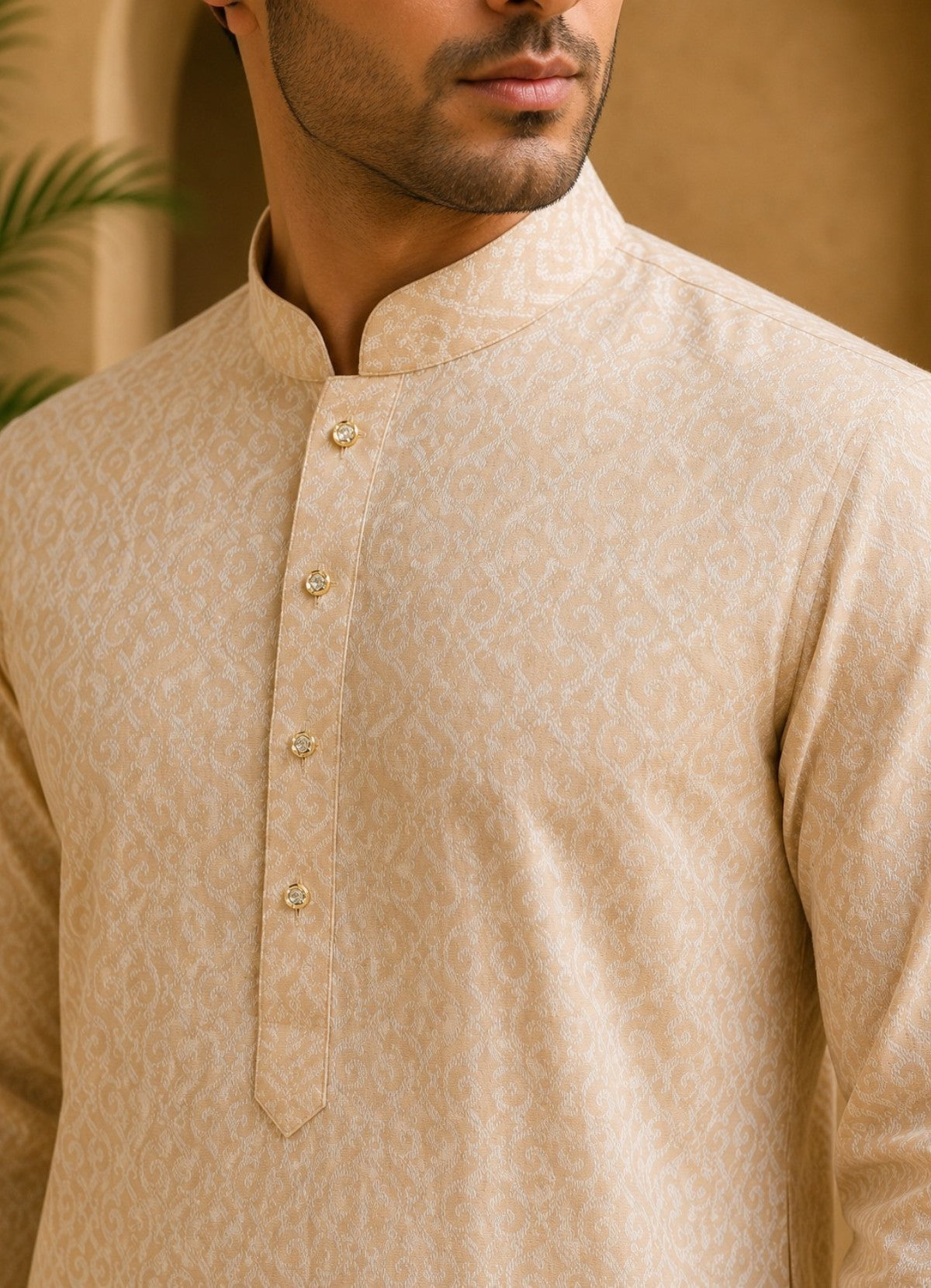 Tattva Men Beige Floral Woven Design Kurta Pyjama